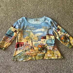 American Vintage Artistic Blue and Yellow Long Sleeve Tee